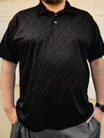 Black business casual polo shirt featuring a subtle, all-over repeating pattern of an 2JZ engine head gasket.